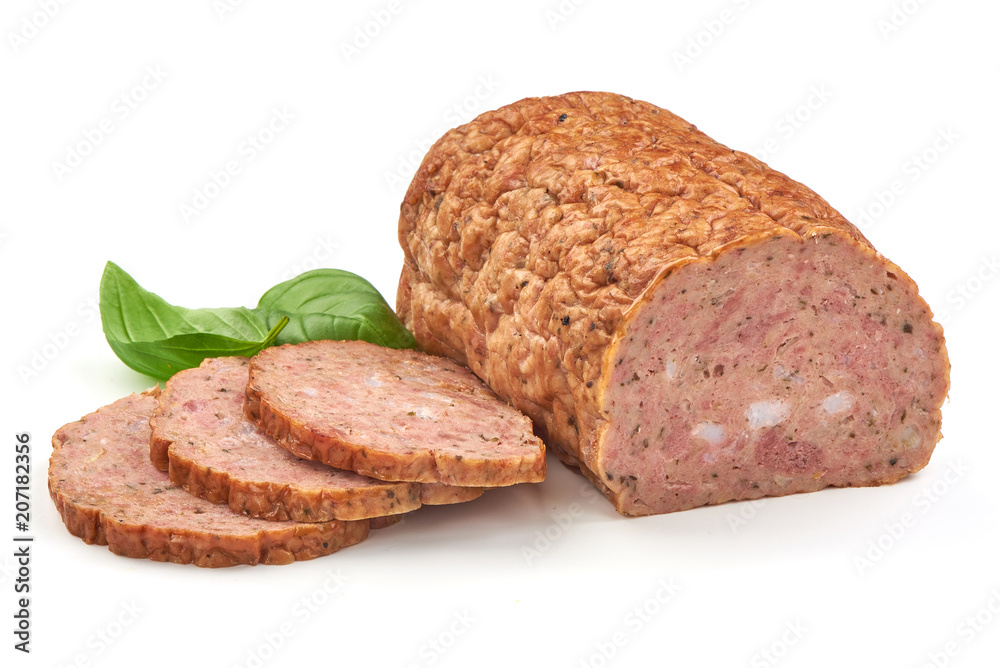 Baked meatloaf with boiled eggs, isolated on white background. Baked meatloaf with boiled eggs, isolated on white background.
