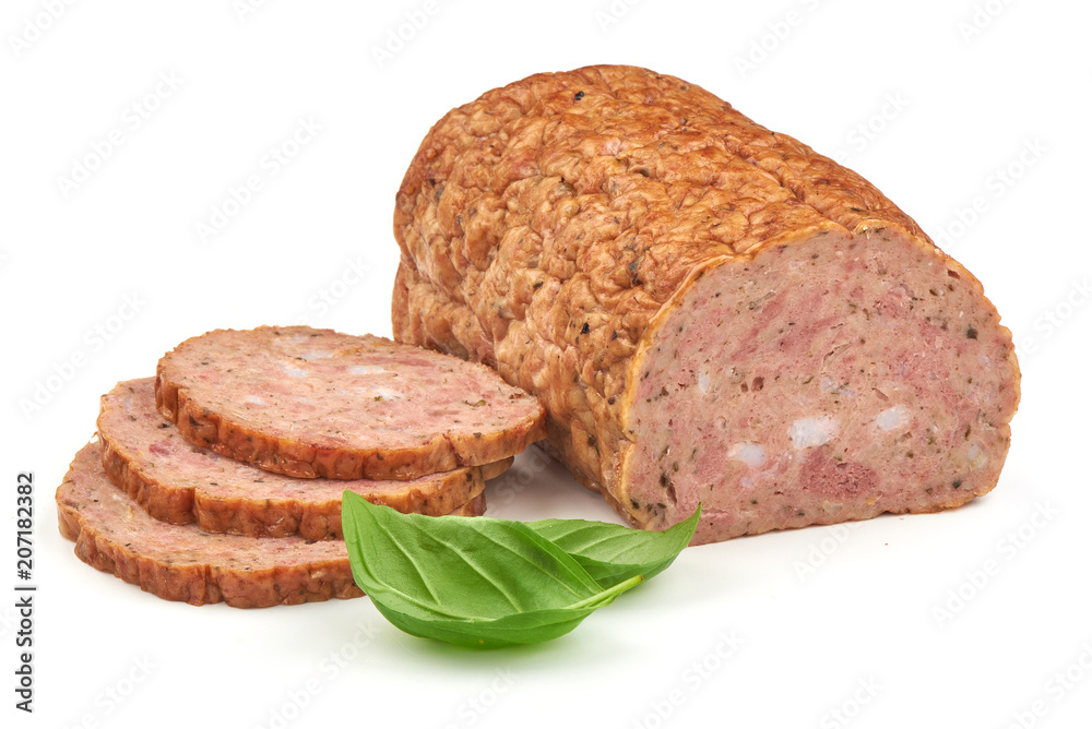 Baked meatloaf with boiled eggs, isolated on white background. Baked meatloaf with boiled eggs, isolated on white background.