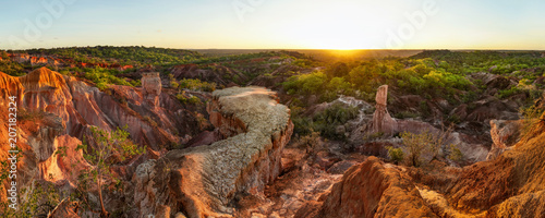 High resolution wide panorama of Marafa Depression (Hell's Kitchen sandstone canyon) in afternoon sunset light. Malindi, Kenya.