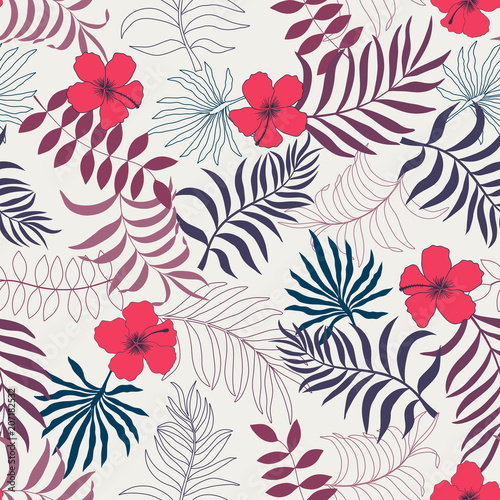 Tropical background with palm leaves and flowers. Seamless floral pattern. Summer vector illustration