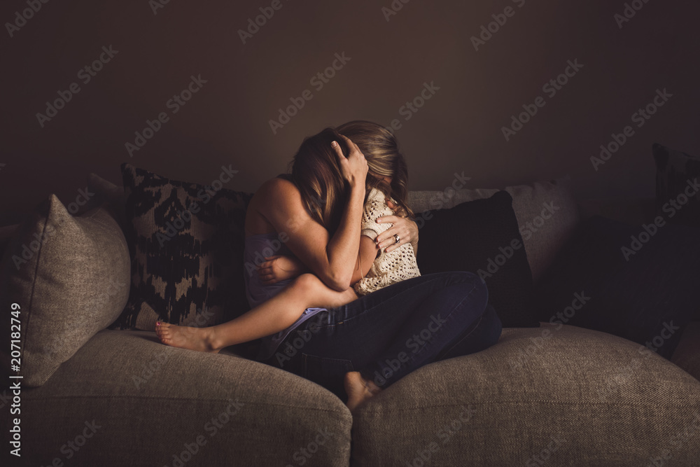 Motherhood Mother and Daughter in Embrace, Loving, Caring, Protection, A Mother's Love, Hug, Squeeze, Love, Family - obrazy, fototapety, plakaty 