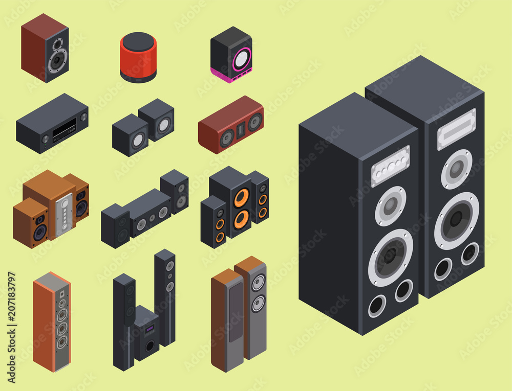 Home isometric sound system stereo acoustic 3d vector music loudspeakers player subwoofer equipment technology. Home isometric sound system stereo acoustic 3d vector music loudspeakers player subwoofer equipment technology.