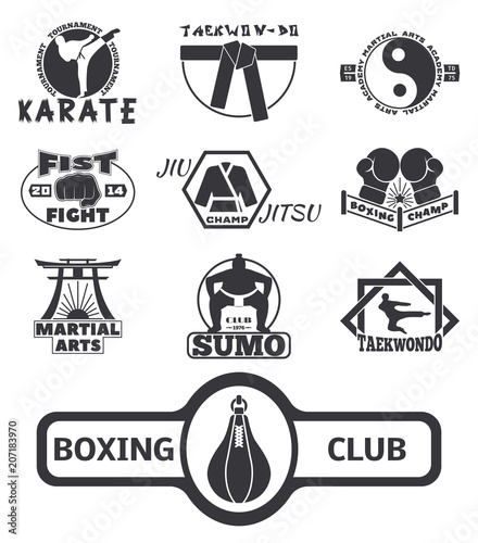 Set of cool fighting club emblems labels fight badges punch sport fist karate vector illustration.