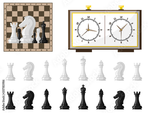 Chess board and chessmen vector leisure concept knight group white and black piece competition