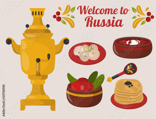 Traditional Russian cuisine culture dish course food welcome to Russia gourmet national meal vector illustration