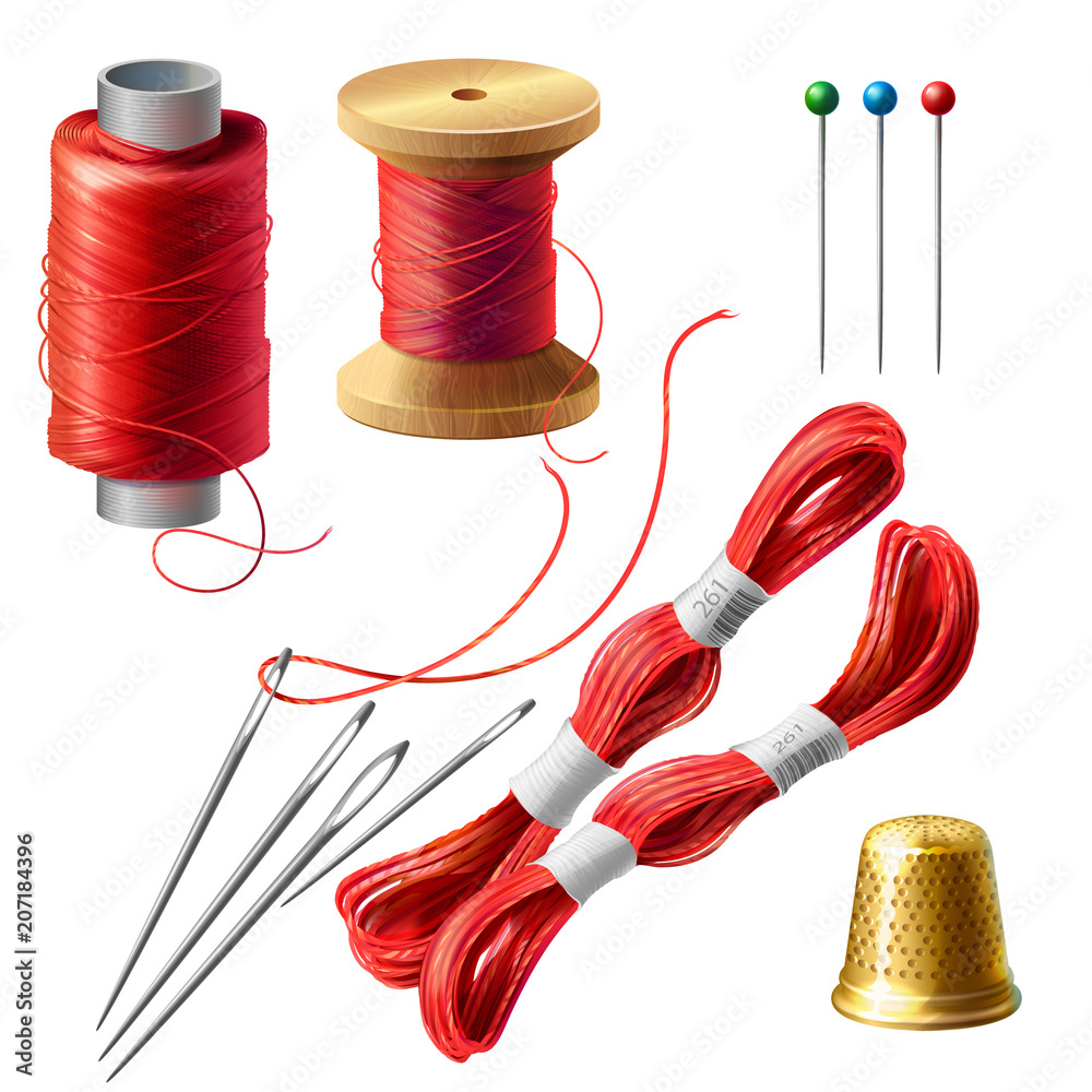 Vector 3d realistic tailor set. Wooden reel with threads, needles and ...