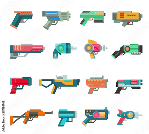 Cartoon gun vector toy blaster for kids game with futuristic handgun and children raygun of aliens in space illustration set of child pistols and laser weapon isolated on white background