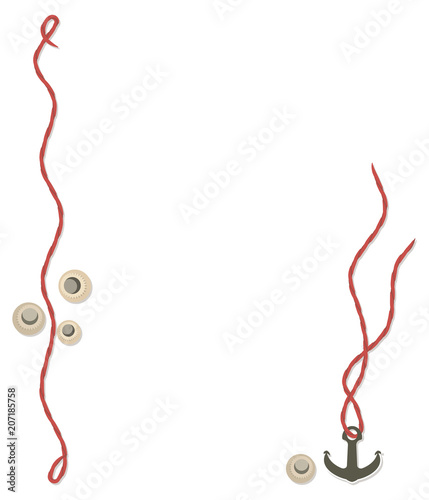 Red rope with round seashells, metallic anchor figure isolated marine illustration object background vector