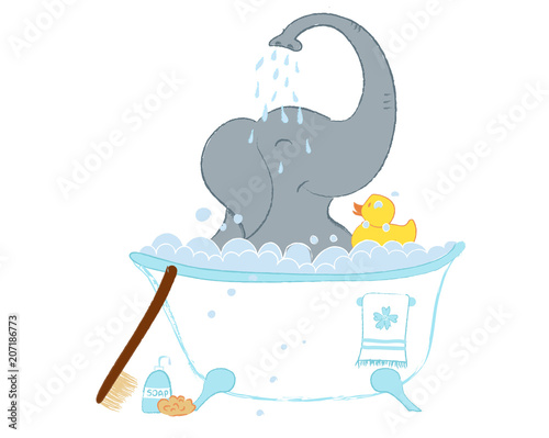 Hand drawn vector illustration with a cute baby elephant in bath shower celebrating new birth - isolated on white background