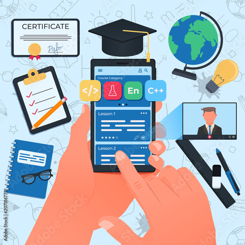 Online courses concept. Smartphone in the left hand. Vector illustration