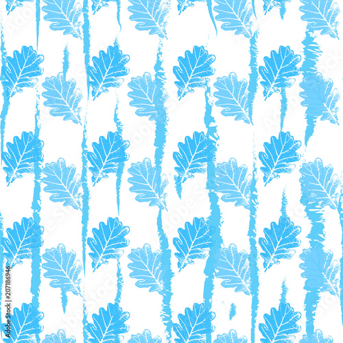 Seamless pattern with contour lacy light blue leaves trees on a white background