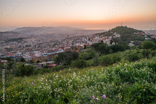 Beautiful viewpoint of Barcelona at sunrise  natural location in spring.