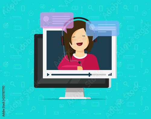 Video chatting online on computer vector illustration, flat cartoon video player window with speaking happy girl and bubble speeches messages on pc, concept of on-line chat app, internet talk call