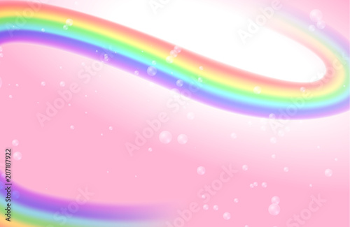 Vector pink background with rainbow mesh and bubbles. Light unicorn background stock illustration.