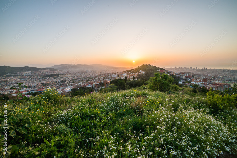 Beautiful viewpoint of Barcelona at sunrise, natural location in spring.