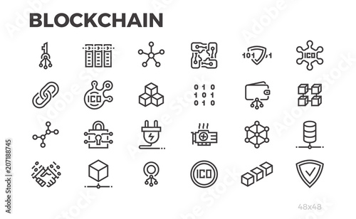 Blockchain technology icons. Cryptography, crypto currency and other symbols. Editable line.