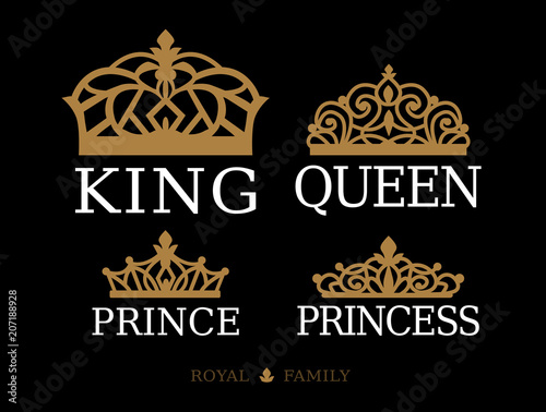King,Queen, Prince and Princess - set of couple family design. White text and gold crown isolated on black background. For printable souvenir: t-shirt, pillow, mug, cup. Royal silhouette vector tiara photo