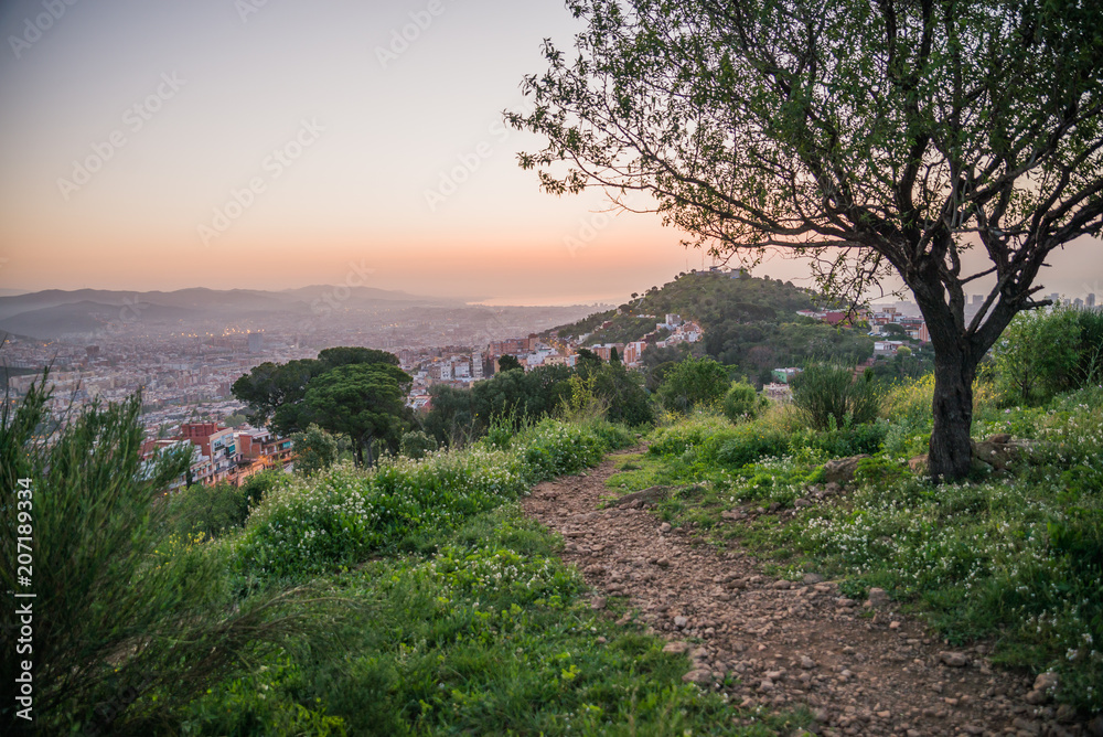 Beautiful viewpoint of Barcelona at sunrise, natural location in spring. Beautiful viewpoint of Barcelona at sunrise, natural location in spring.