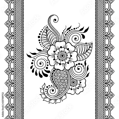 Set of Mehndi flower pattern and seamless border for Henna drawing and tattoo. Decoration in oriental, Indian style.