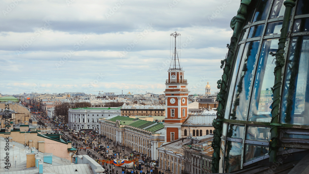 Panoramic view of the roofs with ventilation holes and chimneys, spiers, towers, domes of churches and cathedrals in the summer evening. Saint-Petersburg, Russia. Tourism world cup football 2018