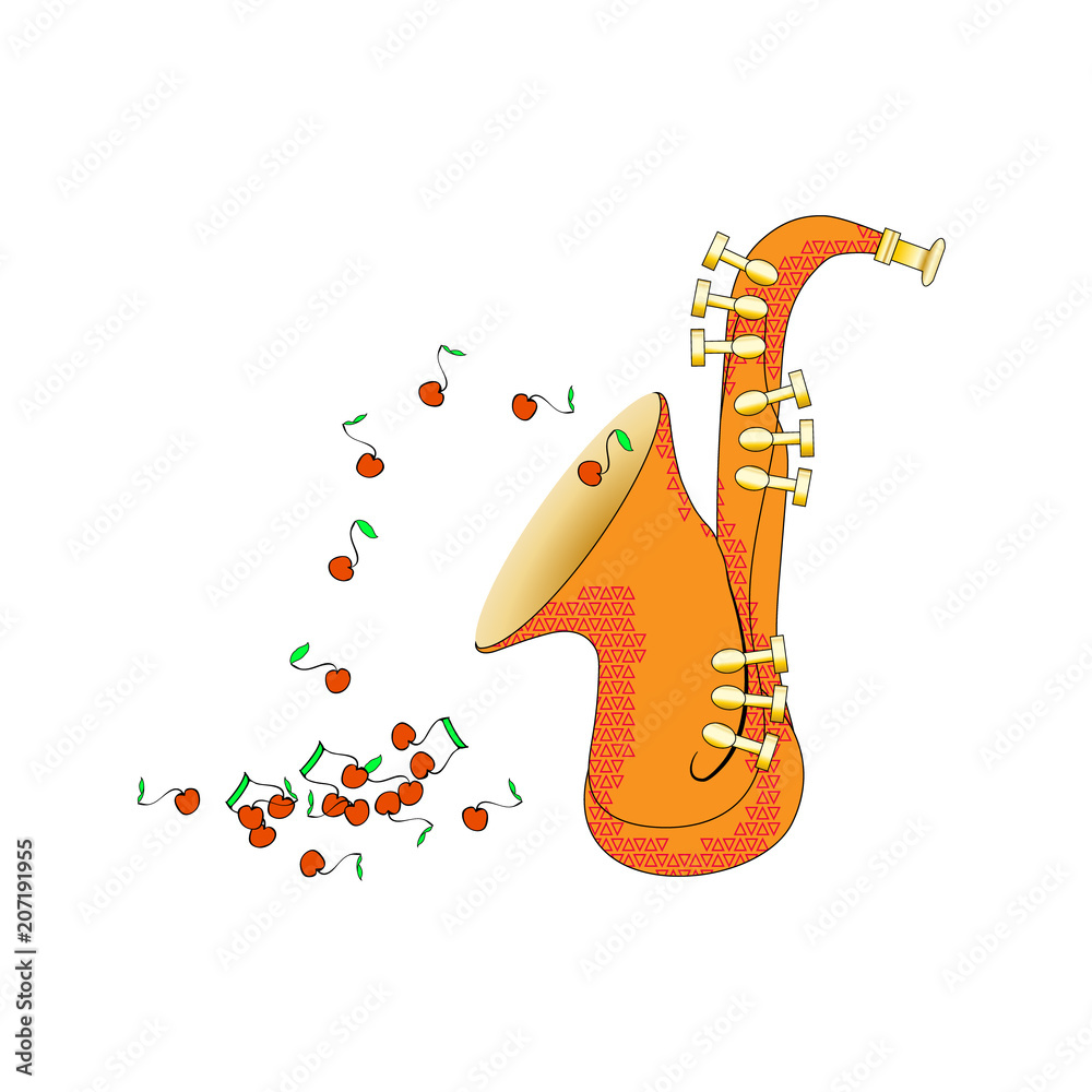 Saxophone from side view in cartoon style. Brass musical instrument  illustration. Vector. And the notes fly like fruits. Fun however Funny and  cute Stock Vector | Adobe Stock