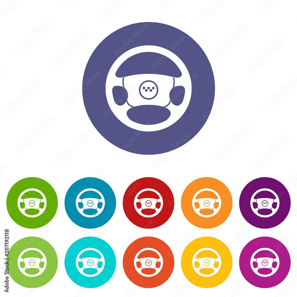 Steering wheel of taxi set icons in different colors isolated on white background Steering wheel of taxi set icons in different colors isolated on white background