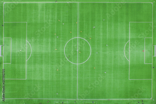 Classical stadium from birds eye view. Drone view. Green Football soccer field. Aerial footage.