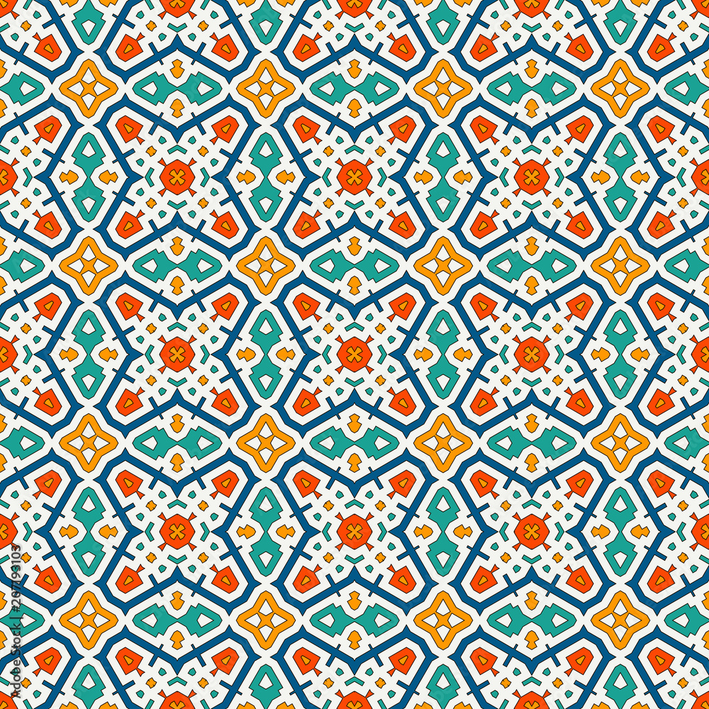 Colorful kaleidoscope abstract background. Eclectic mosaic tile. Bright seamless surface pattern with geometric ornament