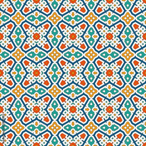 Colorful kaleidoscope abstract background. Eclectic mosaic tile. Bright seamless surface pattern with geometric ornament