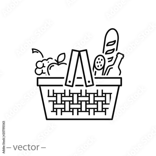 Wicker picnic basket with products icon - line sign, vector illustration eps10