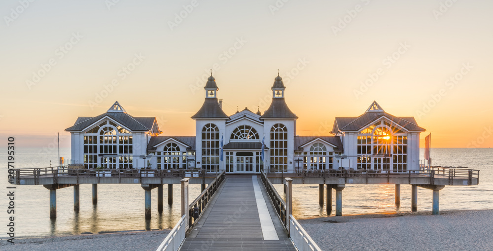 Historical Sellin pier on Ruegen island at sunrise