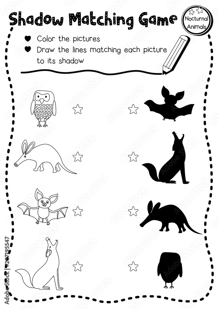 Shadow matching game of nocturnal animals for preschool kids activity  worksheet layout in A4 coloring printable version. Vector Illustration.  Stock Vector | Adobe Stock