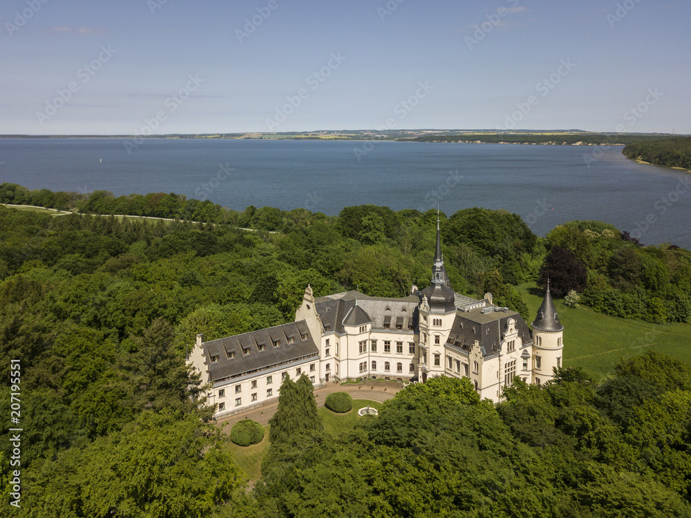 Aerial view of Neo-Renaissance Ralswiek castle on the Ruegen island