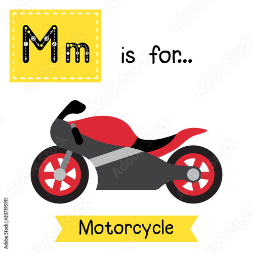 Letter M cute children colorful transportations ABC alphabet tracing flashcard of Motorcycle for kids learning English vocabulary Vector Illustration.