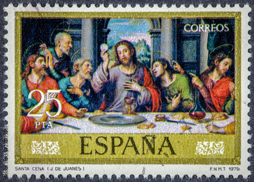 A stamp printed in Spain shows Last Supper by Juan de Juanes