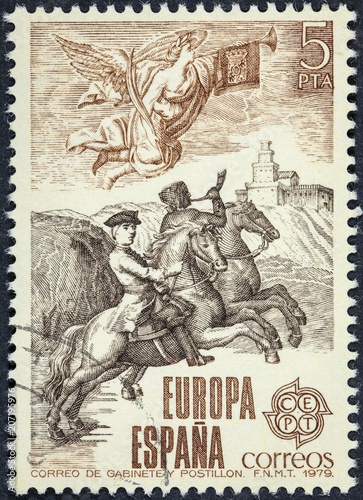 stamp printed in Spain shows Cabinet mail and postillon photo