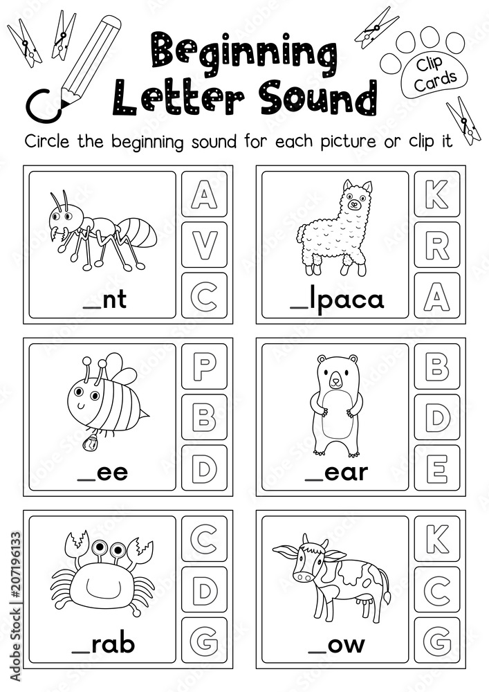 Fototapeta Clip cards matching game of beginning letter sound A, B, C ...