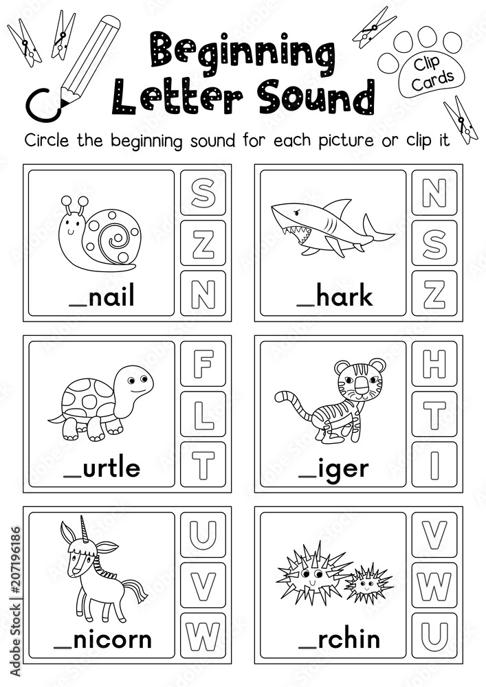 Clip cards matching game of beginning letter sound S, T, U for preschool  kids activity worksheet in animals theme coloring printable version layout  in A4. Stock Vector | Adobe Stock