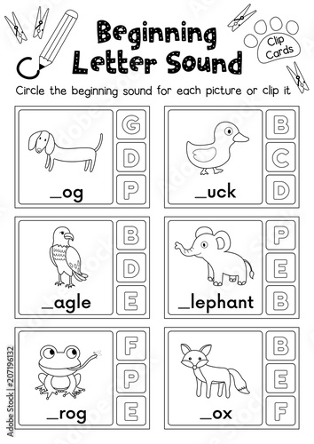 Clip cards matching game of beginning letter sound D, E, F for preschool kids activity worksheet in animals theme coloring printable version layout in A4.