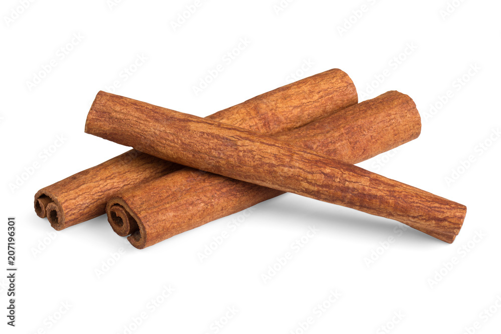 Three cinnamon sticks isolated on a white background