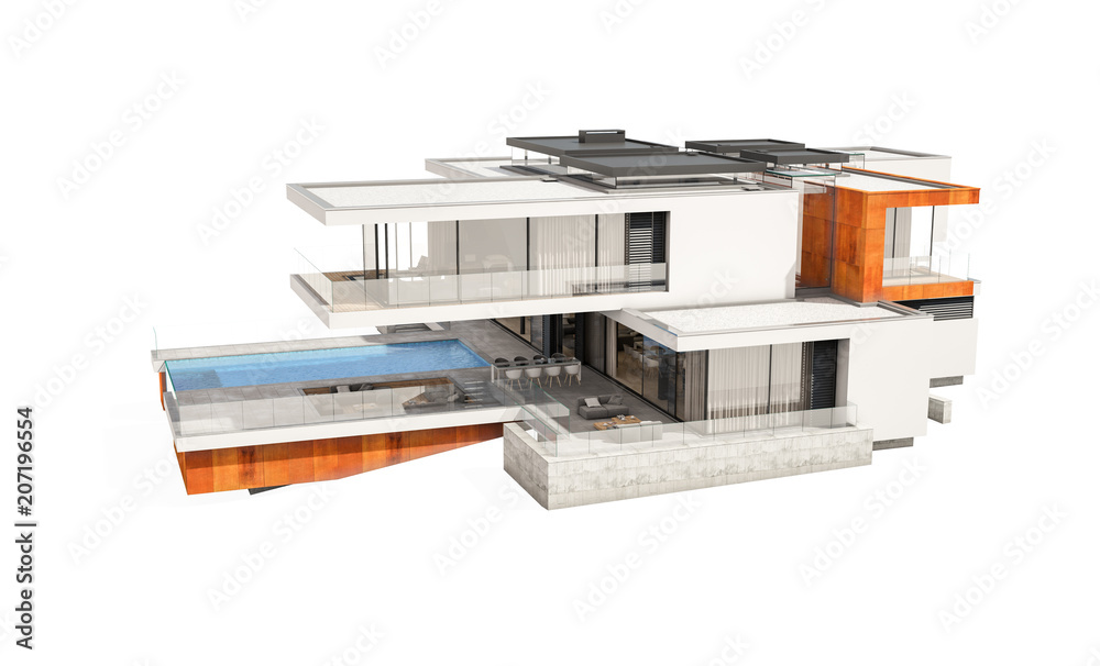 3d rendering of modern house isolated on white. 3d rendering of modern house isolated on white.
