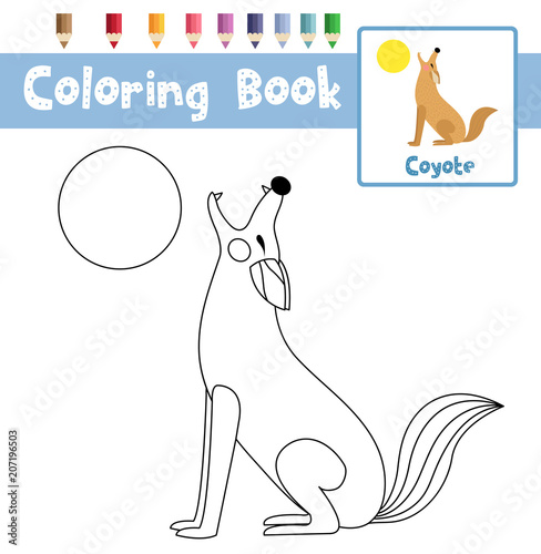Coloring page of Howling Coyote animals for preschool kids activity educational worksheet. Vector Illustration.