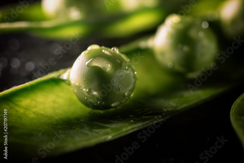 Close up shot of peas in a pod with drops of water.