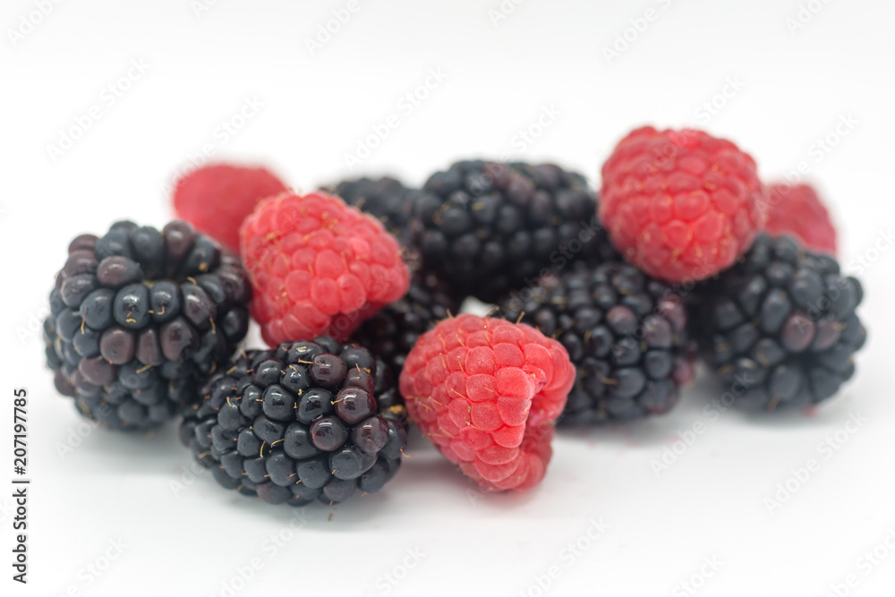 Blackberries and Raspberries against a white background