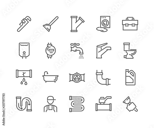 Simple Set of Plumber Related Vector Line Icons. Contains such Icons as Leaking Washing Machine, Water Heater, Tool Box and more. Editable Stroke. 48x48 Pixel Perfect.