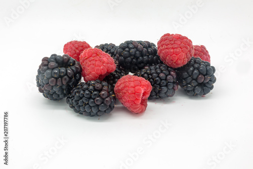 Blackberries and Raspberries against a white background