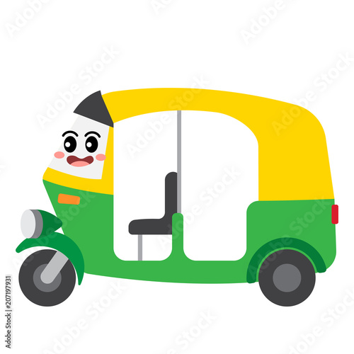 Auto Rickshaw transportation cartoon character side view isolated on white background vector illustration.