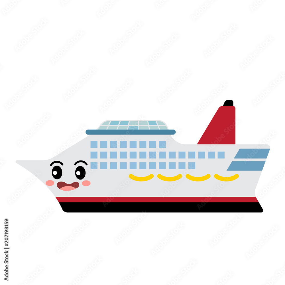 Cruise Ship transportation cartoon character side view isolated on white background vector illustration.