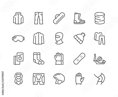 Simple Set of Snowboarding Related Vector Line Icons. Contains such Icons as Body Armor, Snowboard Bindings, Protecting Equipment and more. Editable Stroke. 48x48 Pixel Perfect.