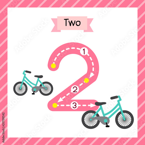 Cute children Flashcard number two tracing with 2 Bicycles for kids learning to count and to write.